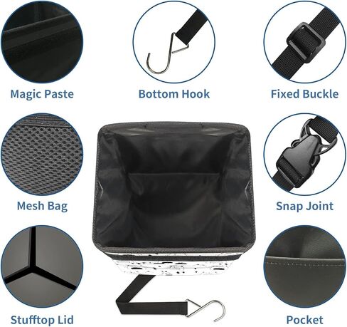 FCZ Car Trash Can Black and White Checkered Auto Garbage Bag Car Trash Can with Lid Leak-Proof Car Storage Bag Auto Garbage Bag Hanging for Headrest Collapsible and Portable with Storage Mesh Pocket in Kuwait