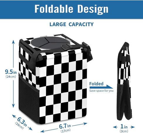 FCZ Car Trash Can Black and White Checkered Auto Garbage Bag Car Trash Can with Lid Leak-Proof Car Storage Bag Auto Garbage Bag Hanging for Headrest Collapsible and Portable with Storage Mesh Pocket in Kuwait