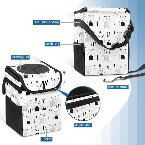 FCZ Car Trash Can Black and White Checkered Auto Garbage Bag Car Trash Can with Lid Leak-Proof Car Storage Bag Auto Garbage Bag Hanging for Headrest Collapsible and Portable with Storage Mesh Pocket in Kuwait