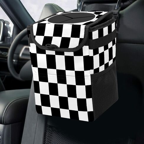 FCZ Car Trash Can Black and White Checkered Auto Garbage Bag Car Trash Can with Lid Leak-Proof Car Storage Bag Auto Garbage Bag Hanging for Headrest Collapsible and Portable with Storage Mesh Pocket in Kuwait