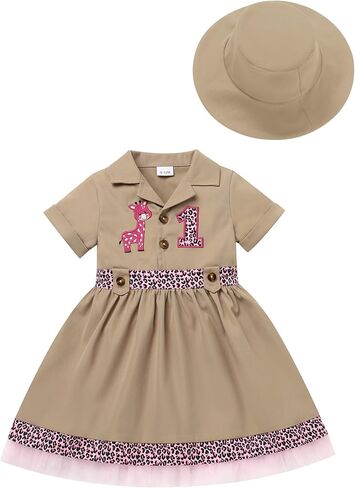 Ibtom Castle Baby Girls Safari 1st Birthday Whitly Outfit Giraffe Leopard Tutu Dress and Hat Cake Smash Zookeeper Cloths in Kuwait