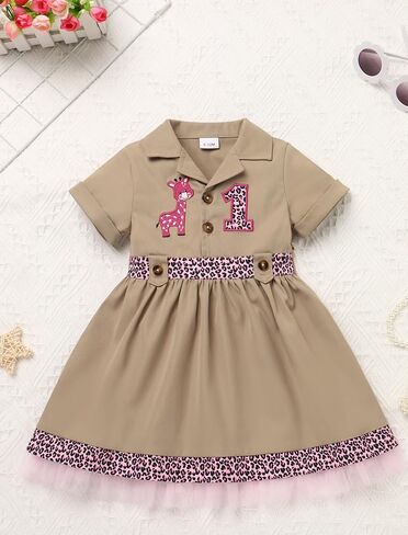 Ibtom Castle Baby Girls Safari 1st Birthday Whitly Outfit Giraffe Leopard Tutu Dress and Hat Cake Smash Zookeeper Cloths in Kuwait