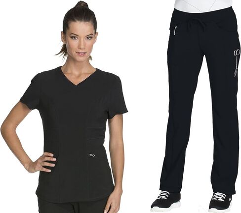Cherokee Women Scrub Sets Contemporary Fit 3 Pocket Rib Knit Panel Top CK623A 4 Pocket Low Rise, Straight Leg Pant 1123A in Saudi Arabia