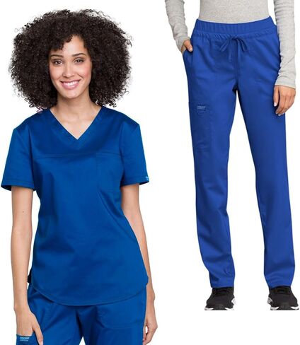 Cherokee Scrub Set for Women V-Neck Tuckable Scrub Top WW657 with Mid Rise Tapered Leg Drawstring Scrub Pant WW105 in Saudi Arabia