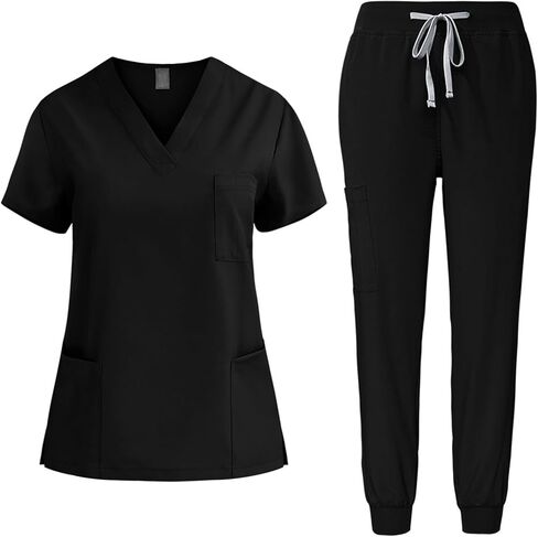 Scrubs for Women Set V-Neck Top with Pockets Casual Jogger Pants Athletic Nursing Uniform Solid Stretch Workwear in Saudi Arabia
