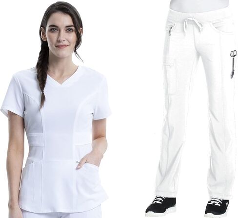 Cherokee Women Scrub Sets Contemporary Fit 3 Pocket Rib Knit Panel Top CK623A 4 Pocket Low Rise, Straight Leg Pant 1123A in Saudi Arabia