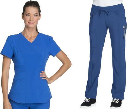 Cherokee Women Scrub Sets Contemporary Fit 3 Pocket Rib Knit Panel Top CK623A 4 Pocket Low Rise, Straight Leg Pant 1123A in Saudi Arabia