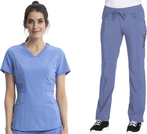 Cherokee Women Scrub Sets Contemporary Fit 3 Pocket Rib Knit Panel Top CK623A 4 Pocket Low Rise, Straight Leg Pant 1123A in Saudi Arabia