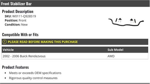 Front Stabilizer Bar - Compatible with 2002-2006 Buick Rendezvous AWD in Saudi Arabia
