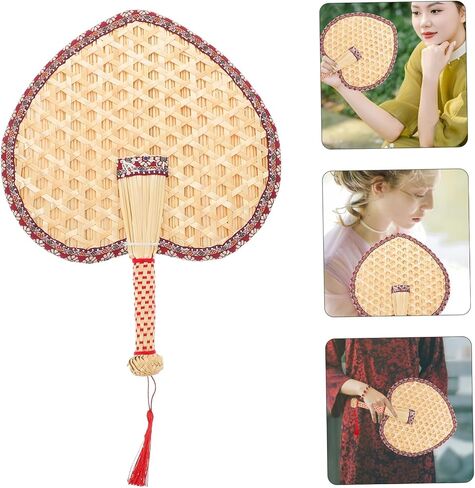 مروحة Rattan المصنوعة يدويًا من القماش الأحمر حافة القمح على شكل قلب من المعجبين باليد للتبريد ديكور جدار للتبريد للأحداث في الهواء الطلق in Saudi Arabia