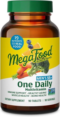 Megafood Men's 55+ واحد يوميًا - الفيتامينات المتعددة للرجال الذين يعانون من فيتامين B12 و C و D&ZINC - مكملات الدعم الأمثل للشيخوخة والمناعة - نباتي - مصنوع بدون 9 مسببات من المواد الغذائية - 120 علامات تبويب in Kuwait