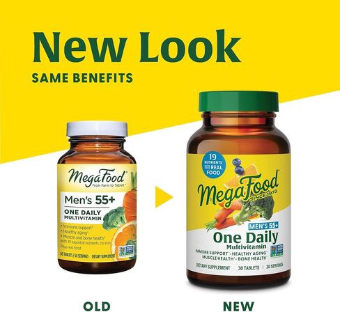 Megafood Men's 55+ واحد يوميًا - الفيتامينات المتعددة للرجال الذين يعانون من فيتامين B12 و C و D&ZINC - مكملات الدعم الأمثل للشيخوخة والمناعة - نباتي - مصنوع بدون 9 مسببات من المواد الغذائية - 120 علامات تبويب in Kuwait