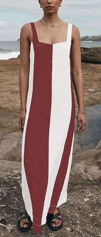 Chartou Women Summer Summerless Linen Dress Dress Contraving Color Maxi Long Beach Vacation Tank Dress in Saudi Arabia