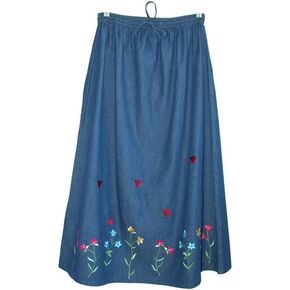 LA CERA Women's Blue Denim Embroidered A-Line Long Skirt with Drawstrings, Casual Floral Midi Length Elastic Waist in Saudi Arabia