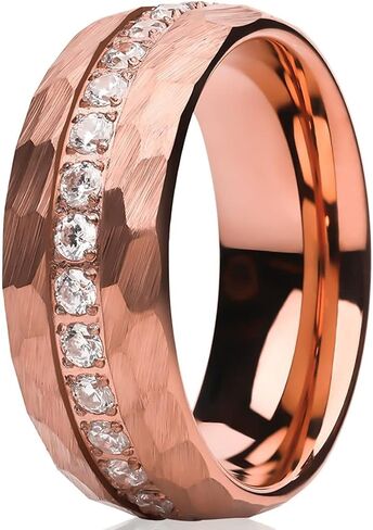 Rose Gold Tungsten Ring,Engagement,Anniversary,Dome Wedding Band,Man & Woman,CZ Wedding Ring,Unique Tungsten Jewelry,Hammered Wedding Band,Comfort Fit Man - Woman in Kuwait