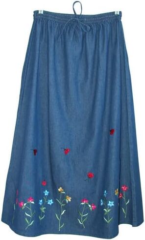LA CERA Women's Blue Denim Embroidered A-Line Long Skirt with Drawstrings, Casual Floral Midi Length Elastic Waist in Saudi Arabia