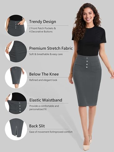 SEVEGO Women's Pencil Skirt Stretch High Waist Below Knee Bodycon for Office Casual with Patch Pockets in Saudi Arabia