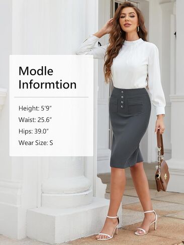 SEVEGO Women's Pencil Skirt Stretch High Waist Below Knee Bodycon for Office Casual with Patch Pockets in Saudi Arabia