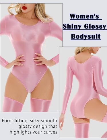 Women's Glossy High Cut Bodysuit One Piece Oil Shiny Leotard with Stockings Set in Kuwait