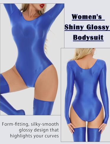 Women's Glossy High Cut Bodysuit One Piece Oil Shiny Leotard with Stockings Set in Saudi Arabia