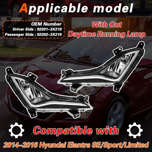 TODO 92201-3X210 مصابيح الضباب الهالوجين متوافقة مع 2014 2015 2016 Hyundai Elantra SE SPORT LIMITED LIMATION مع مصباح التشغيل خلال النهار 92202-3x210 (زوج) in Kuwait
