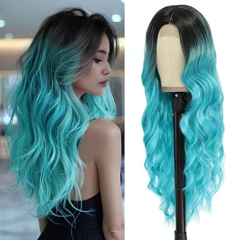 Cosplay Long Ombre Teal Wig 26 Inch Middle Part Synthetic Wig Realistic Gifts Party Wigs for Women Daily Use Colorful Wigs (Ombre Teal) in Saudi Arabia