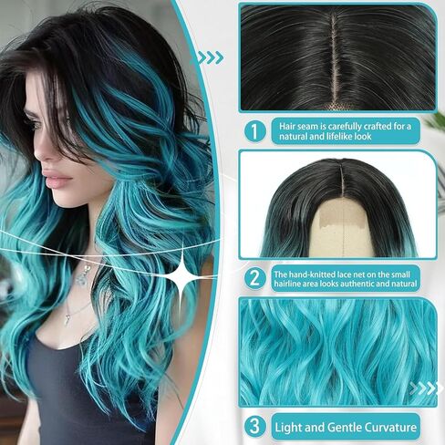 Cosplay Long Ombre Teal Wig 26 Inch Middle Part Synthetic Wig Realistic Gifts Party Wigs for Women Daily Use Colorful Wigs (Ombre Teal) in Saudi Arabia