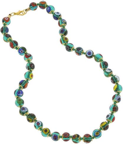 Glass Of Venice Murano Glass Necklace - Italian Millefiori Transparent Green Mosaic Beads - Women's Classic, Elegant 17-Inch Handmade Blown Glass Necklace in Saudi Arabia