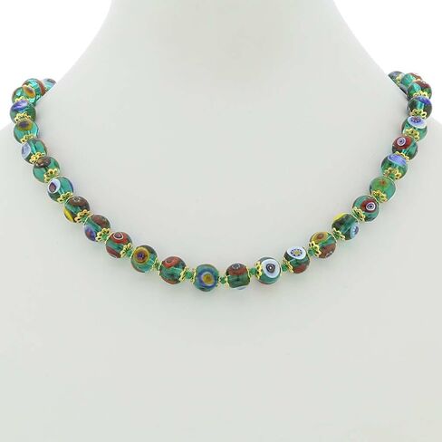 Glass Of Venice Murano Glass Necklace - Italian Millefiori Transparent Green Mosaic Beads - Women's Classic, Elegant 17-Inch Handmade Blown Glass Necklace in Saudi Arabia