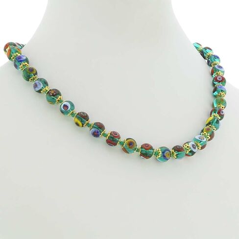 Glass Of Venice Murano Glass Necklace - Italian Millefiori Transparent Green Mosaic Beads - Women's Classic, Elegant 17-Inch Handmade Blown Glass Necklace in Saudi Arabia