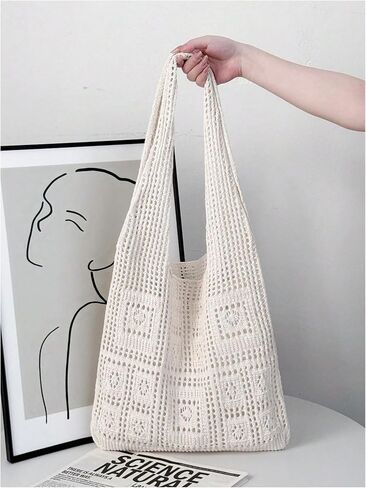 MakeMeChic Women's Crochet Handbags Hollow Out Double Handle Summer Tote Bag in Saudi Arabia