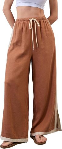 Xiaoxuemeng Wide Leg Pants for Women Casual Linen Side Striped Baggy Pants Elastic Waisted Trousers with Pockets in Saudi Arabia