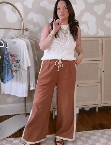 Xiaoxuemeng Wide Leg Pants for Women Casual Linen Side Striped Baggy Pants Elastic Waisted Trousers with Pockets in Saudi Arabia