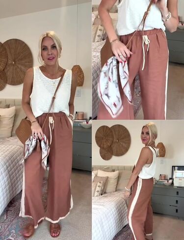 Xiaoxuemeng Wide Leg Pants for Women Casual Linen Side Striped Baggy Pants Elastic Waisted Trousers with Pockets in Saudi Arabia