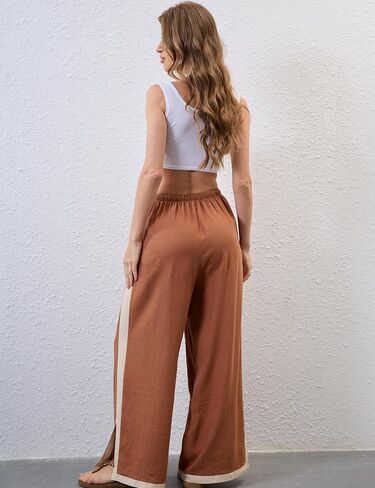 Xiaoxuemeng Wide Leg Pants for Women Casual Linen Side Striped Baggy Pants Elastic Waisted Trousers with Pockets in Saudi Arabia