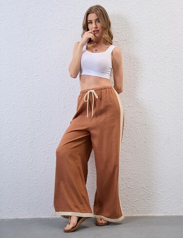Xiaoxuemeng Wide Leg Pants for Women Casual Linen Side Striped Baggy Pants Elastic Waisted Trousers with Pockets in Saudi Arabia