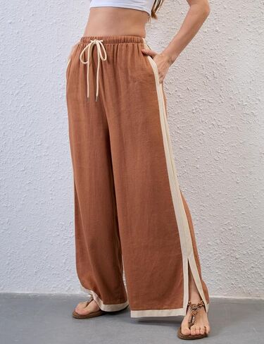 Xiaoxuemeng Wide Leg Pants for Women Casual Linen Side Striped Baggy Pants Elastic Waisted Trousers with Pockets in Saudi Arabia