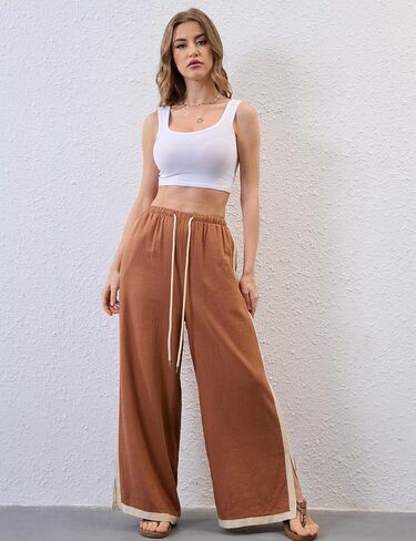 Xiaoxuemeng Wide Leg Pants for Women Casual Linen Side Striped Baggy Pants Elastic Waisted Trousers with Pockets in Saudi Arabia