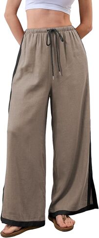 Xiaoxuemeng Wide Leg Pants for Women Casual Linen Side Striped Baggy Pants Elastic Waisted Trousers with Pockets in Saudi Arabia