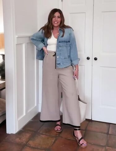 Xiaoxuemeng Wide Leg Pants for Women Casual Linen Side Striped Baggy Pants Elastic Waisted Trousers with Pockets in Saudi Arabia