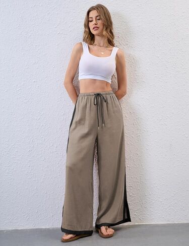 Xiaoxuemeng Wide Leg Pants for Women Casual Linen Side Striped Baggy Pants Elastic Waisted Trousers with Pockets in Saudi Arabia