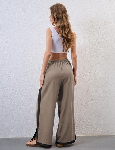 Xiaoxuemeng Wide Leg Pants for Women Casual Linen Side Striped Baggy Pants Elastic Waisted Trousers with Pockets in Saudi Arabia