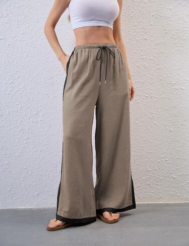 Xiaoxuemeng Wide Leg Pants for Women Casual Linen Side Striped Baggy Pants Elastic Waisted Trousers with Pockets in Saudi Arabia