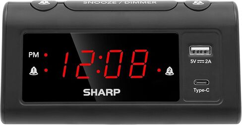 Sharp Alarm Clock for Bedrooms, Super Fast USB-C Charging and Fast 2 Amp USB Charging, 2 Alarms, 3-Step Dimmer, Snooze, Easy to Set Controls, Black with Red LED Display in Saudi Arabia