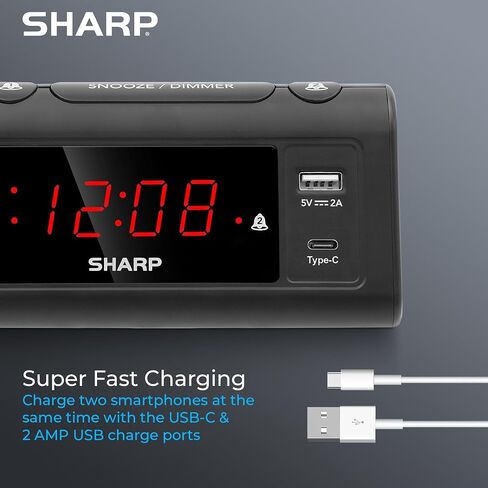Sharp Alarm Clock for Bedrooms, Super Fast USB-C Charging and Fast 2 Amp USB Charging, 2 Alarms, 3-Step Dimmer, Snooze, Easy to Set Controls, Black with Red LED Display in Saudi Arabia
