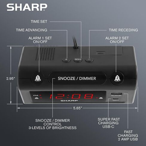 Sharp Alarm Clock for Bedrooms, Super Fast USB-C Charging and Fast 2 Amp USB Charging, 2 Alarms, 3-Step Dimmer, Snooze, Easy to Set Controls, Black with Red LED Display in Saudi Arabia