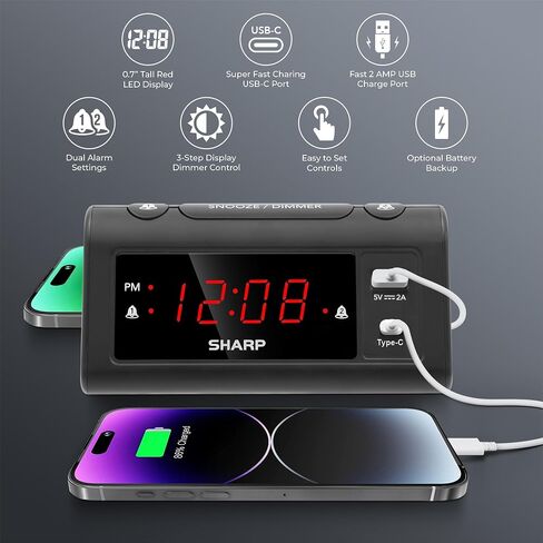 Sharp Alarm Clock for Bedrooms, Super Fast USB-C Charging and Fast 2 Amp USB Charging, 2 Alarms, 3-Step Dimmer, Snooze, Easy to Set Controls, Black with Red LED Display in Saudi Arabia