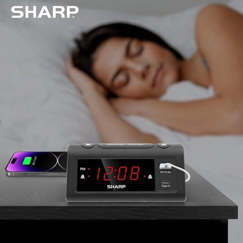 Sharp Alarm Clock for Bedrooms, Super Fast USB-C Charging and Fast 2 Amp USB Charging, 2 Alarms, 3-Step Dimmer, Snooze, Easy to Set Controls, Black with Red LED Display in Saudi Arabia