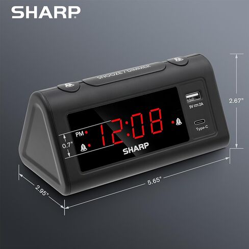 Sharp Alarm Clock for Bedrooms, Super Fast USB-C Charging and Fast 2 Amp USB Charging, 2 Alarms, 3-Step Dimmer, Snooze, Easy to Set Controls, Black with Red LED Display in Saudi Arabia