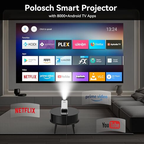 جهاز عرض صغير مع واي فاي وبلوتوث، جهاز عرض ذكي 1080 بكسل مع Keystone 4K تلقائي يدعم 10000 لومن، جهاز عرض أفلام يدور 180 درجة in Kuwait